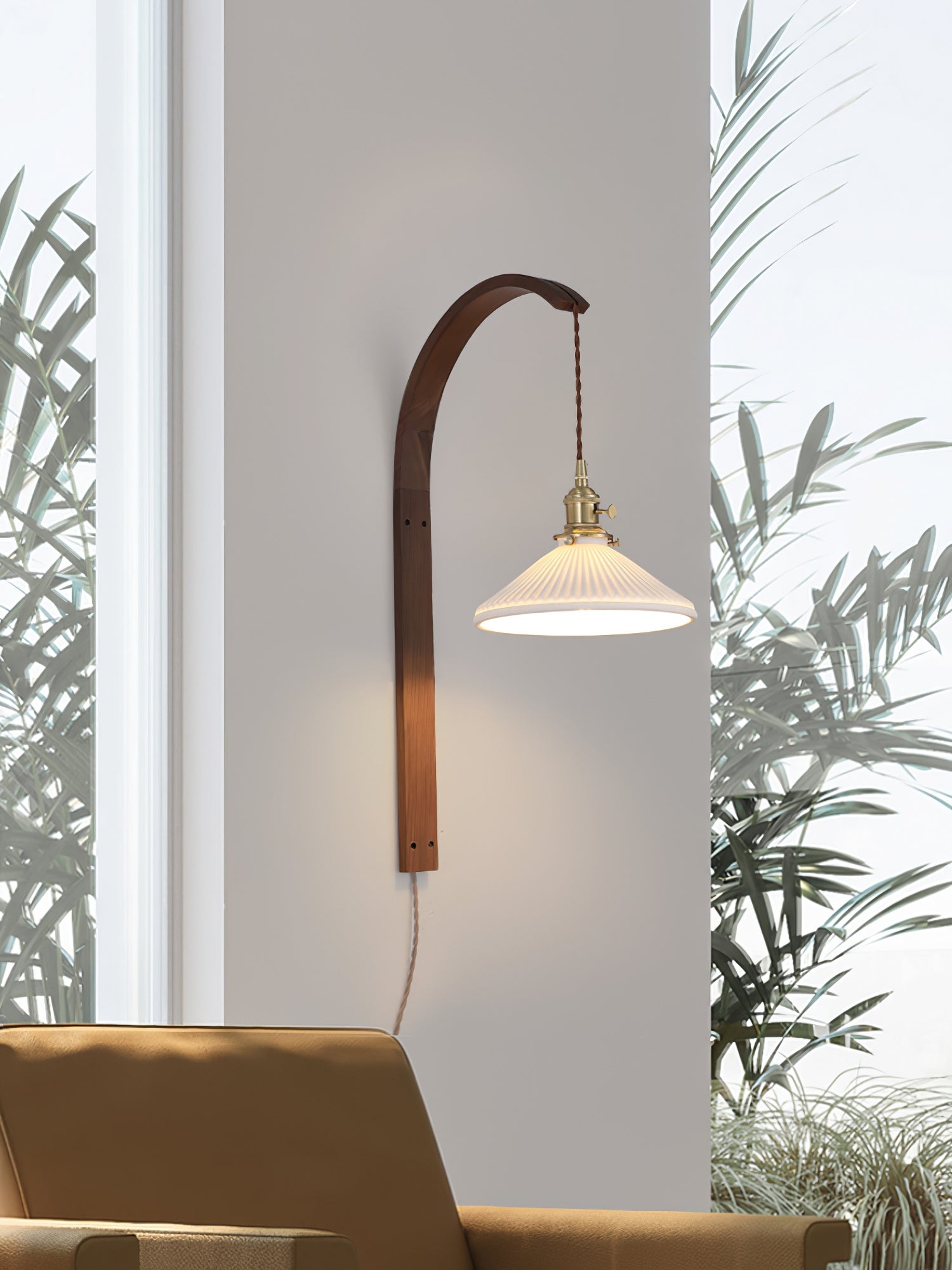 Curved Walnut Ceramic Plug-in Wall Light T1722