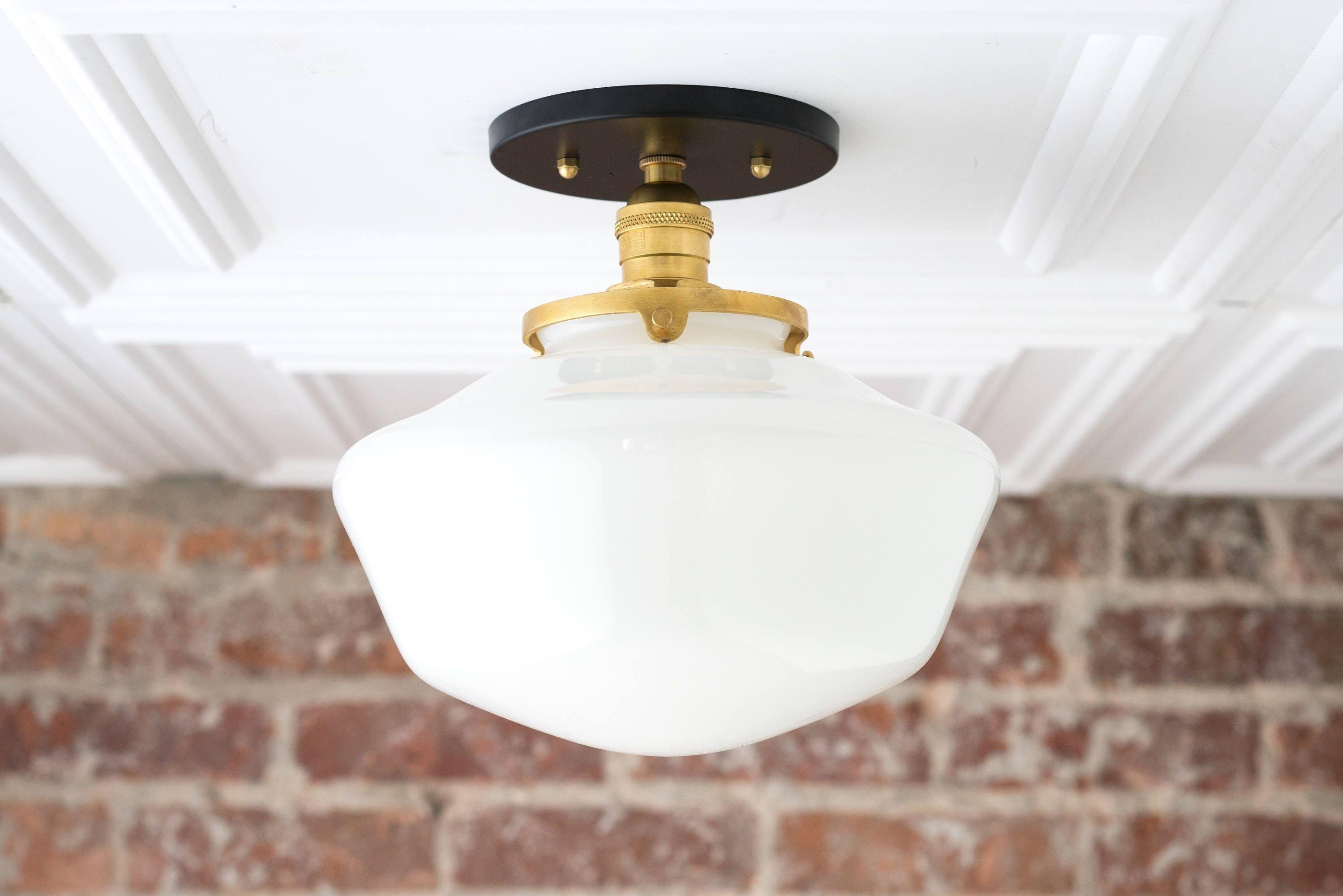 Geotower Glass Brass Ceiling Light - Opal Glass Schoolhouse Shade - Modern Elegance T370