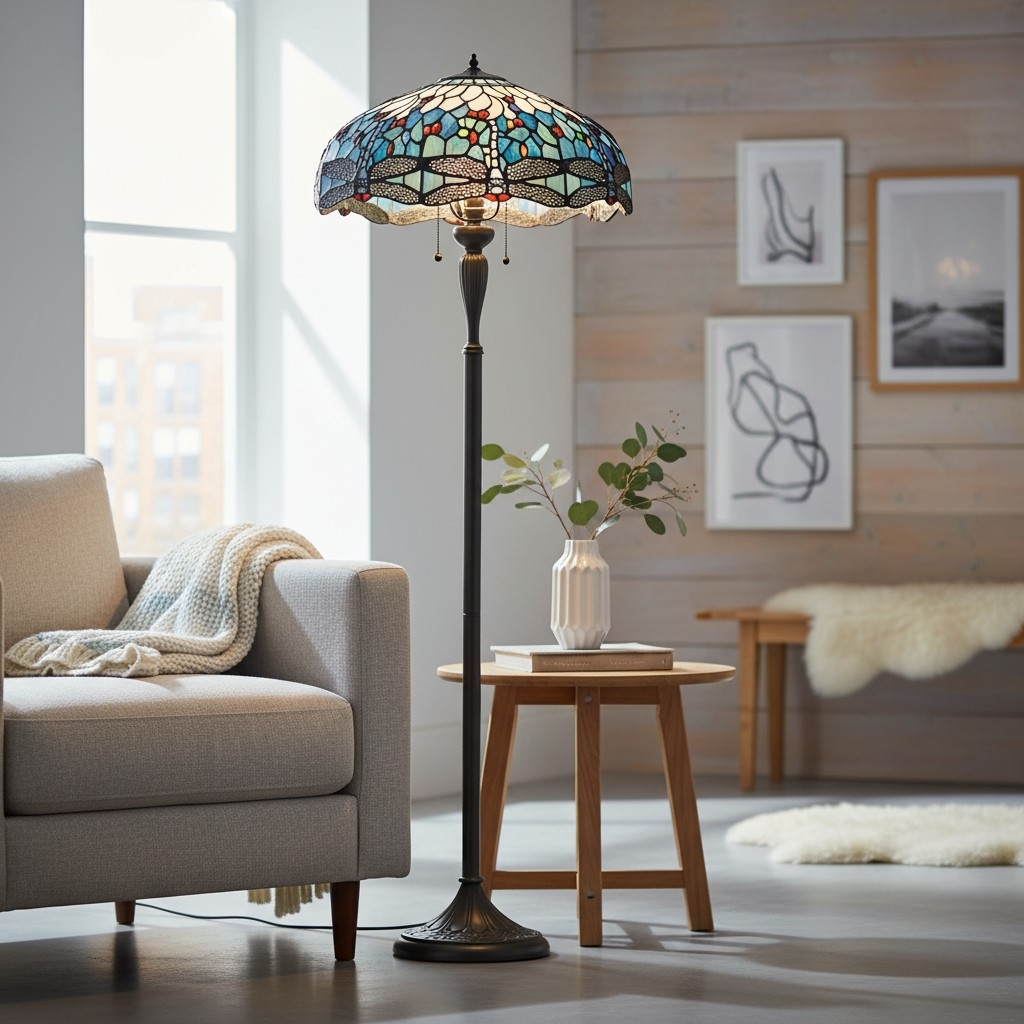 TiffStar Art Glass Floor Lamp with Ornamental Pattern Shade - Standing Light for Living Rooms T943