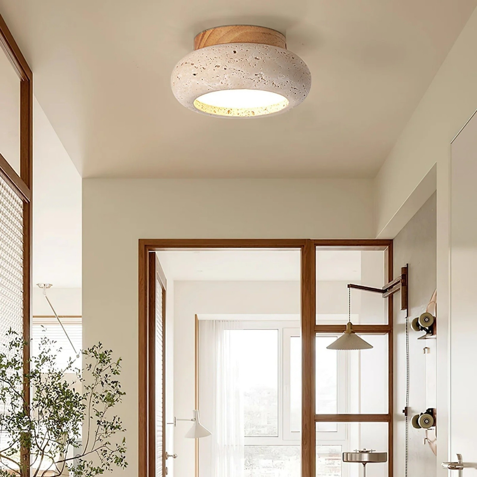 Minimal Bowl Ceiling Fixture in Stone Look - Wood Tone Base Light S299