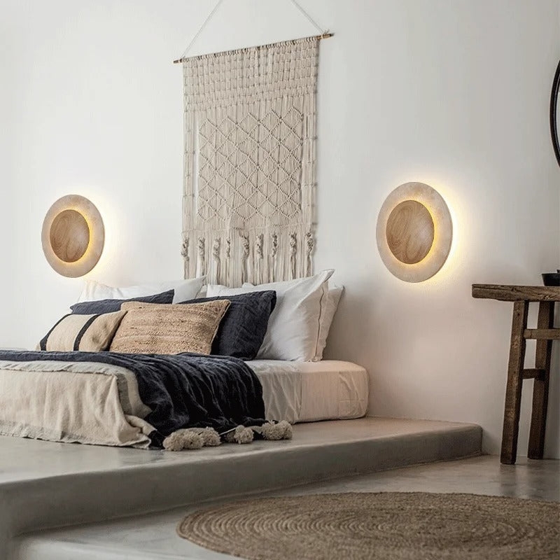 Round Travertine Wood Wall Light T2104