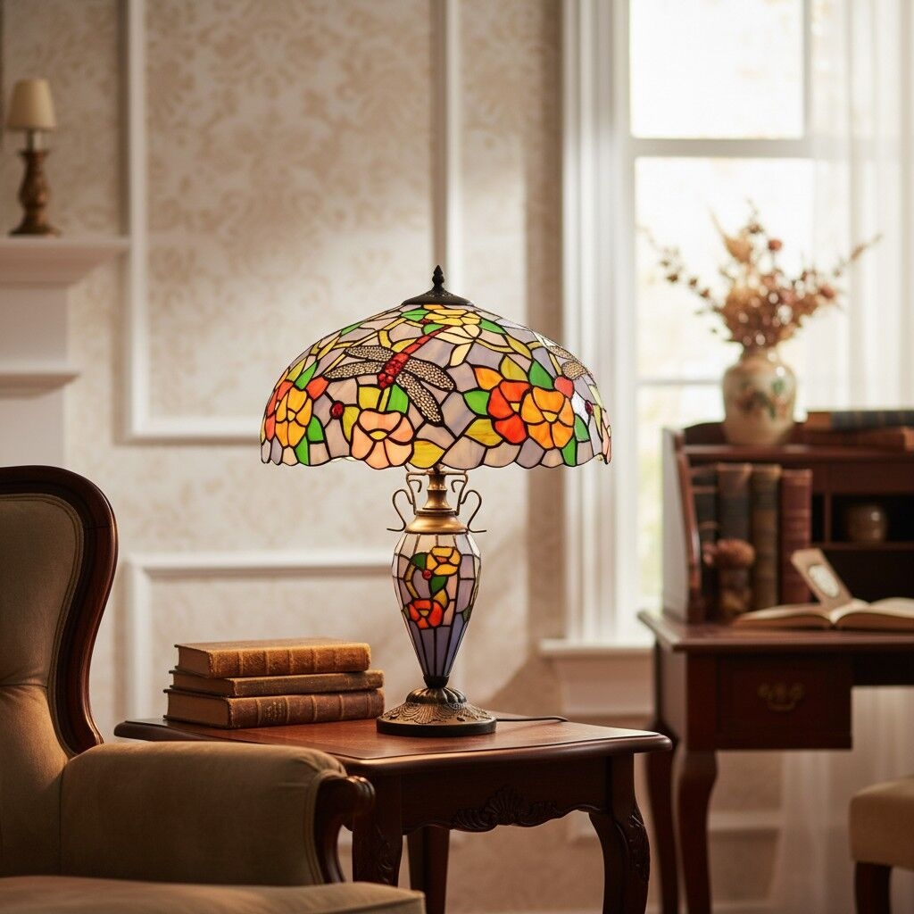 TF Keswick Dragonfly Tiffany Table Lamp - Handcrafted Stained Glass Shade for Living Room or Bedroom T938