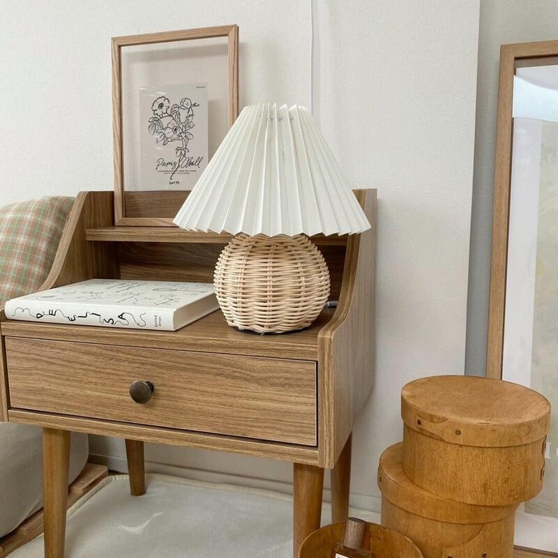 Rattan Pleated Table Lamp Cordless Bedside Lamp