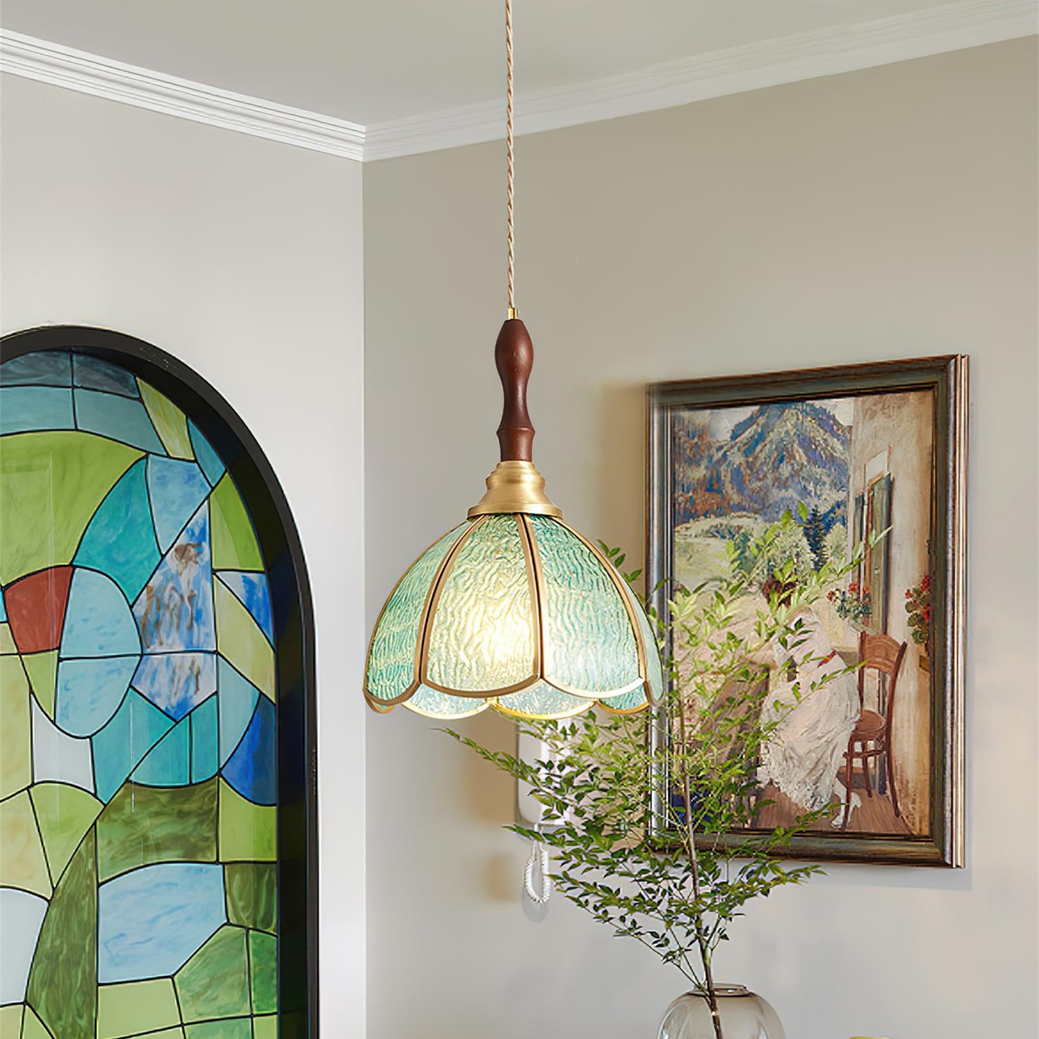 Vintage Tiffany Stanied Glass Pendant Lamp M237