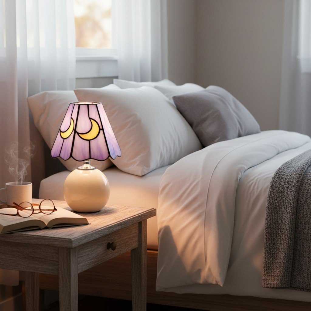 Stellum Tiffany Mushroom Moon Stained Glass Lamp – Artistic Accent Light for Living Rooms T552