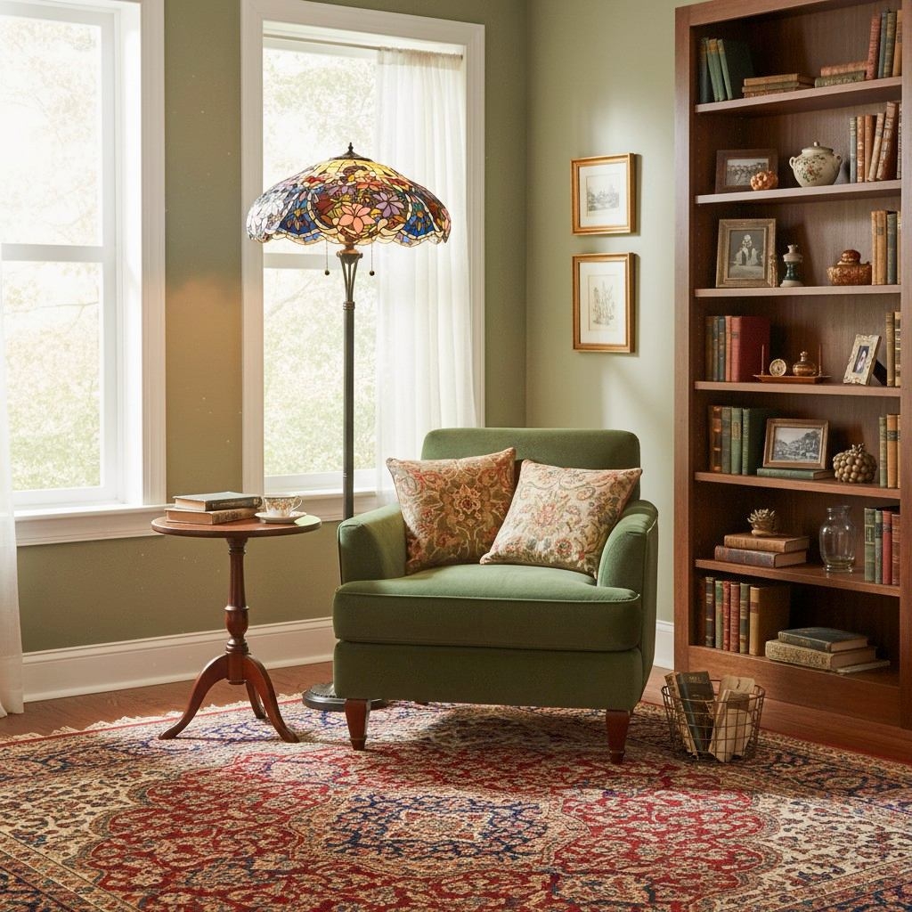 TF Sullivan Tiffany Floor Lamp - Floral Stained Glass Design for Study or Living Room T861