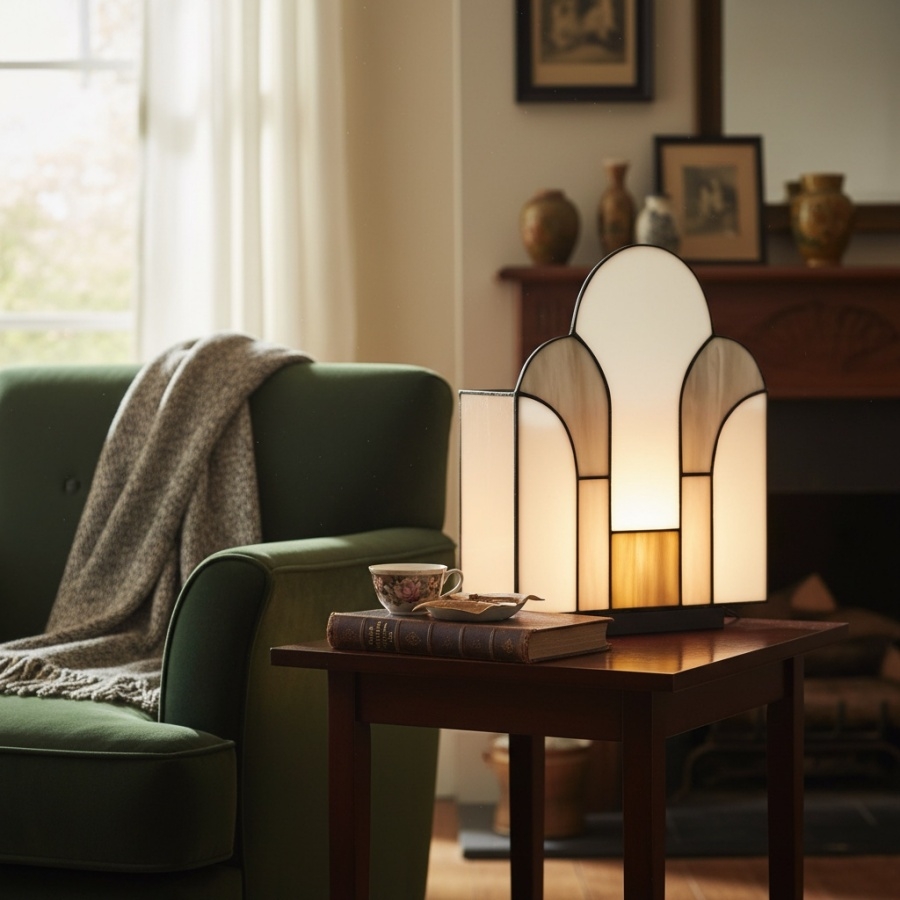 Kelsar Stained Glass Art Deco Table Lamp - Elegant Indoor Accent Light for Living Room or Entryway T833
