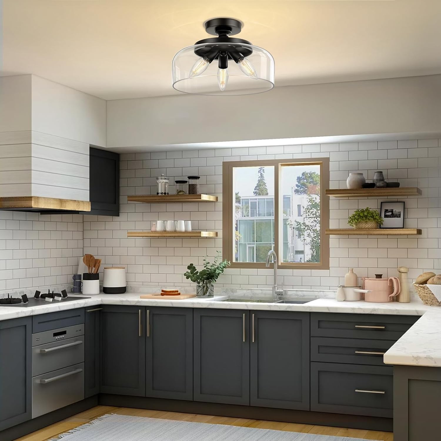 Retro Pattern Glass Semi-recessed Ceiling Lamp S203