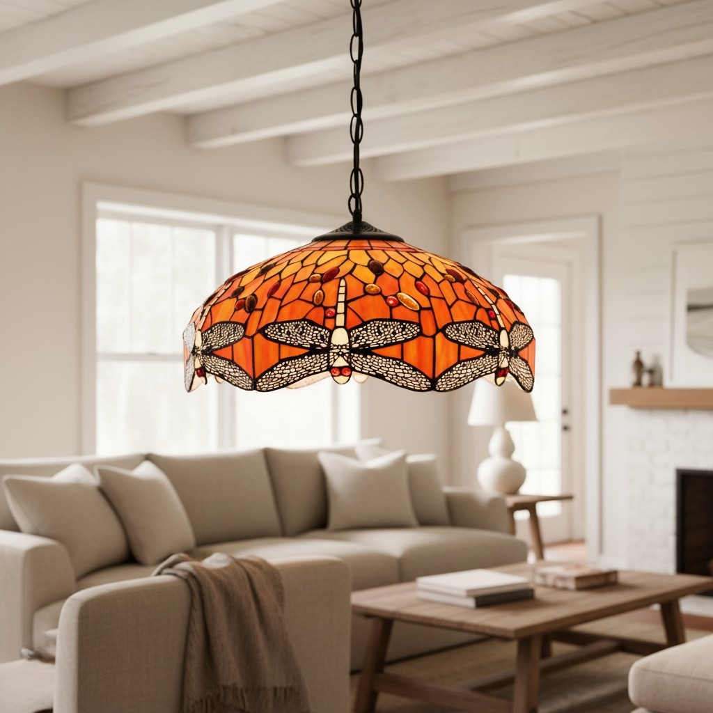 TF Dragonfly Tiffany Pendant Light - Art Nouveau Stained Glass Pendant for Living T849