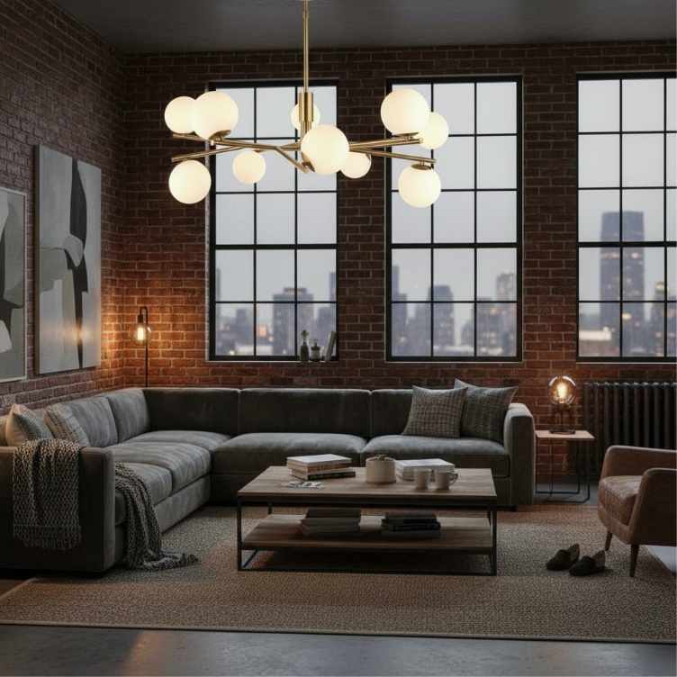 Tivara Mid-Century Modern 10-Light Pendant - Chandelier with Globe Shades for High Ceilings T862