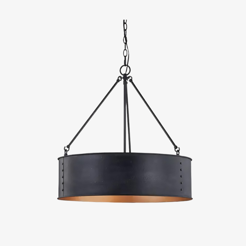 Dravik Contemporary Industrial Drum Pendant — Black Metal Pendant for Living or Dining Room U06