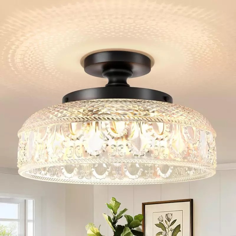 Retro Pattern Glass Semi-recessed Ceiling Lamp S203