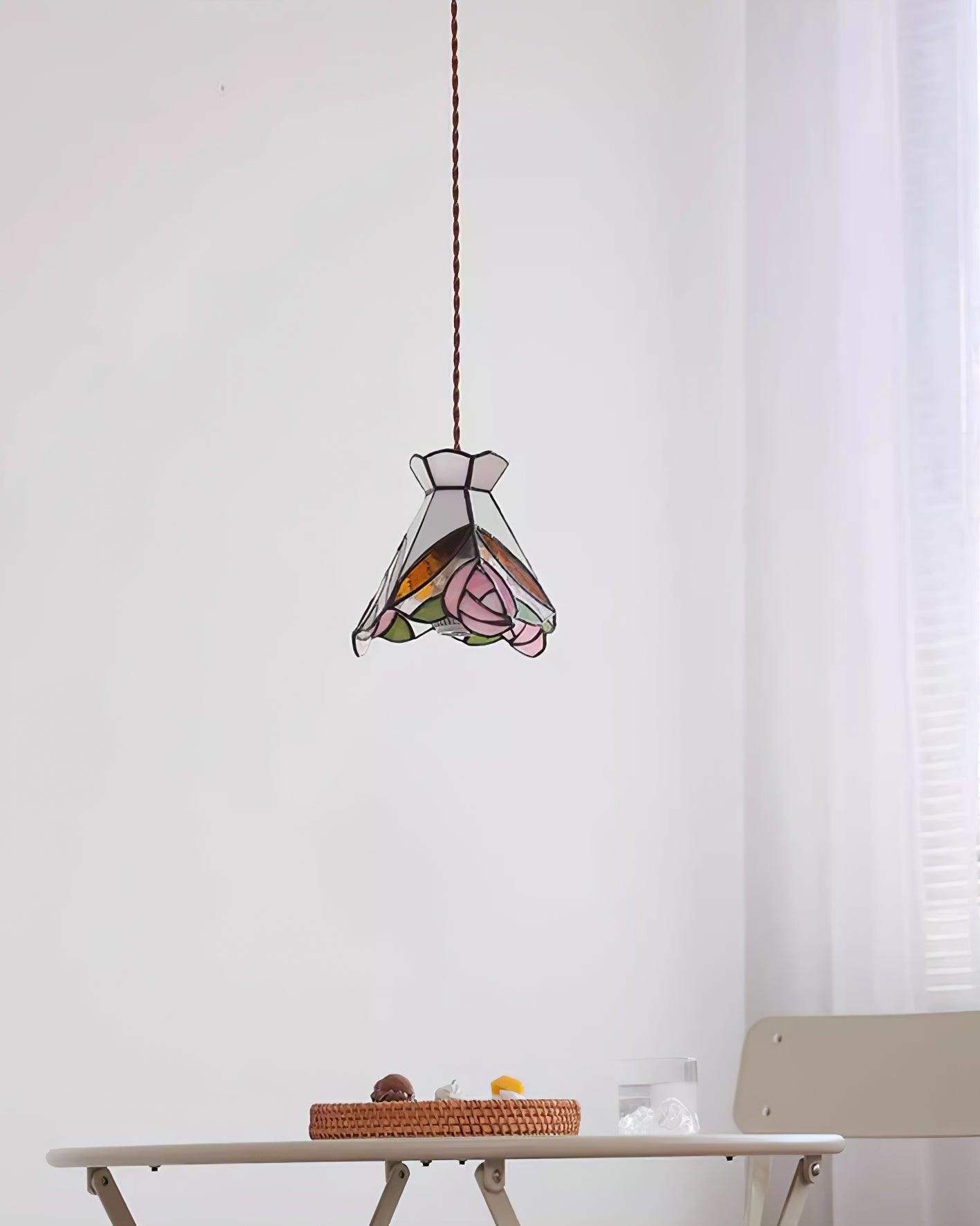French Retro Rose Stained Glass Pendant Lamp M89