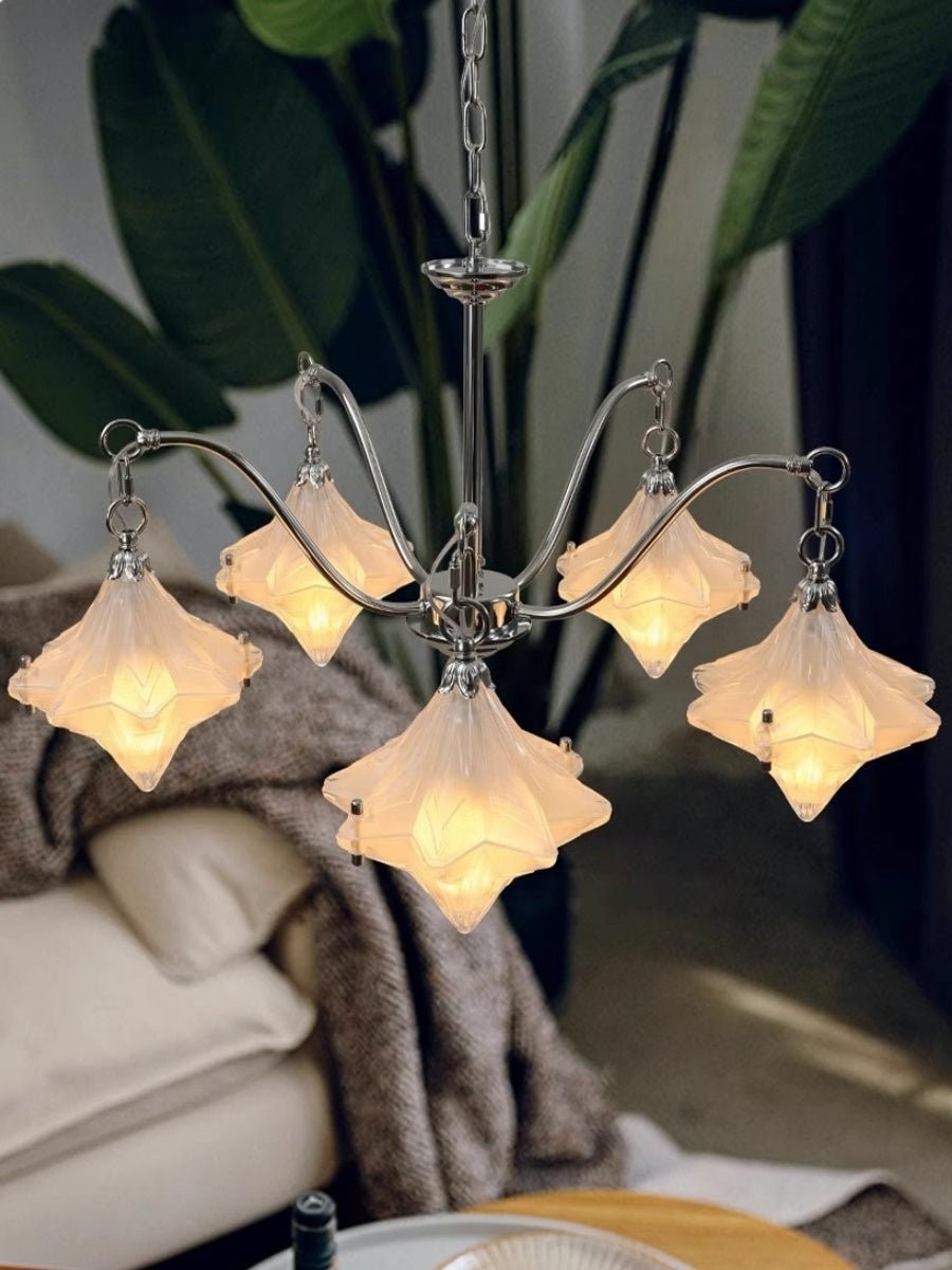 Art Deco Astris Star Chandelier - Frosted Glass Deco Fixture for Dining Room T433