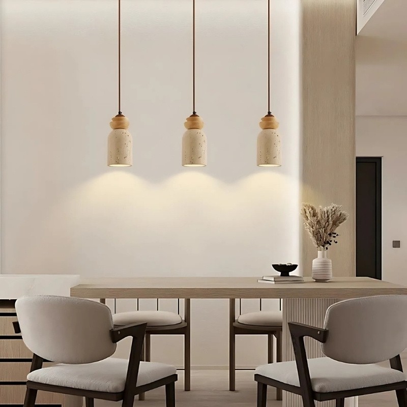 Wabi-Sabi Travertine Pendant Light with Wood for Living Room S274