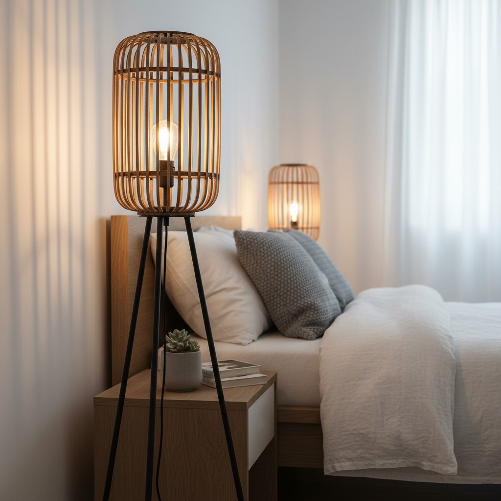 Yumeko Natural Woven Floor Lamp - Modern Scandi Bamboo Shade Standing Lamp for Bedrooms or Living Rooms T972