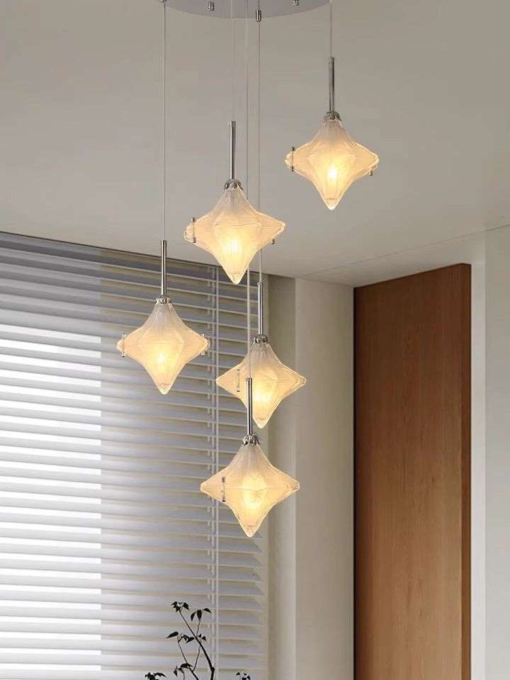 Art Deco Star Staircase Pendant Light - Frosted Glass Hanging Fixture - Astris Altair T437