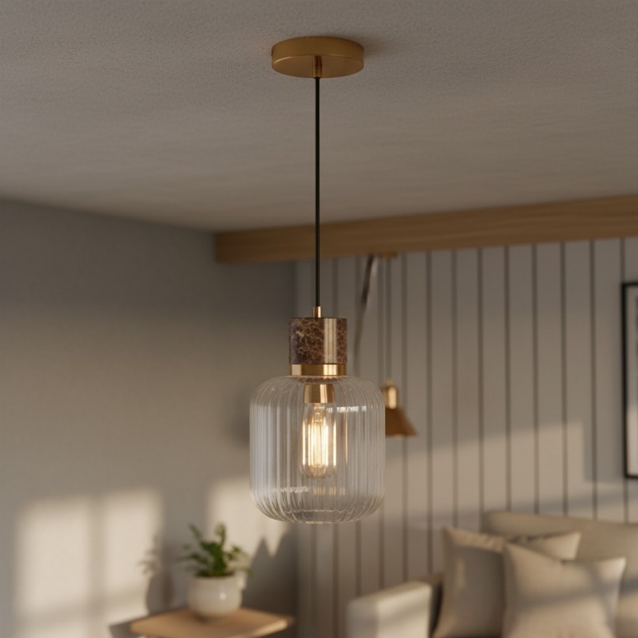 Korlisse Natural Stone and Glass Pendant Light - Stylish Lamp for Lounge or Living Room T929