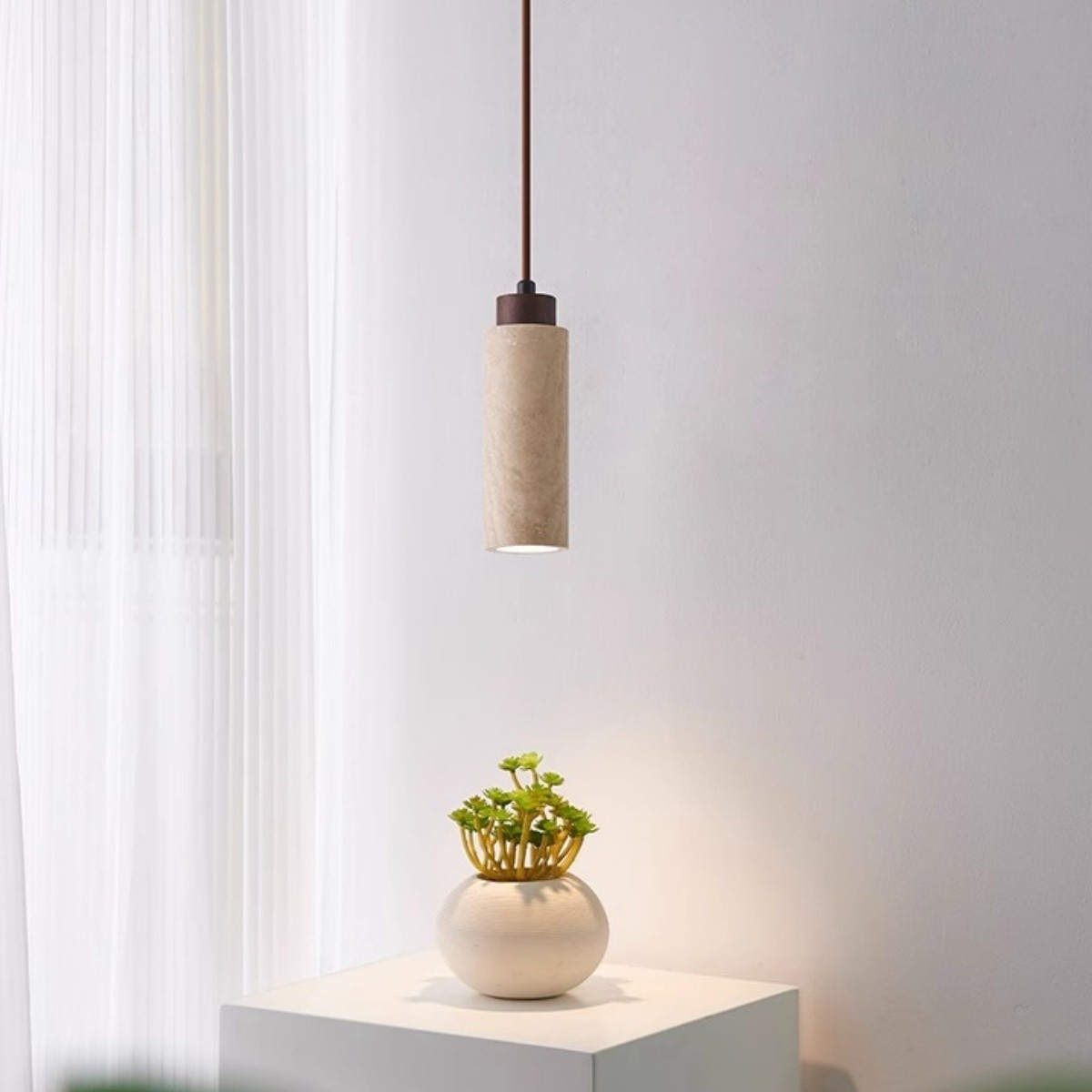 Minimalist Beige Travertine Cylinder Pendant Light S268