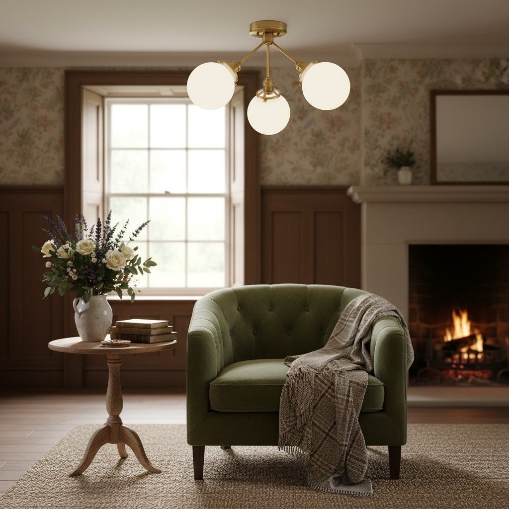 Glorica Glass Chandelier - Brass Globe Ceiling Light with Opal Shade T330