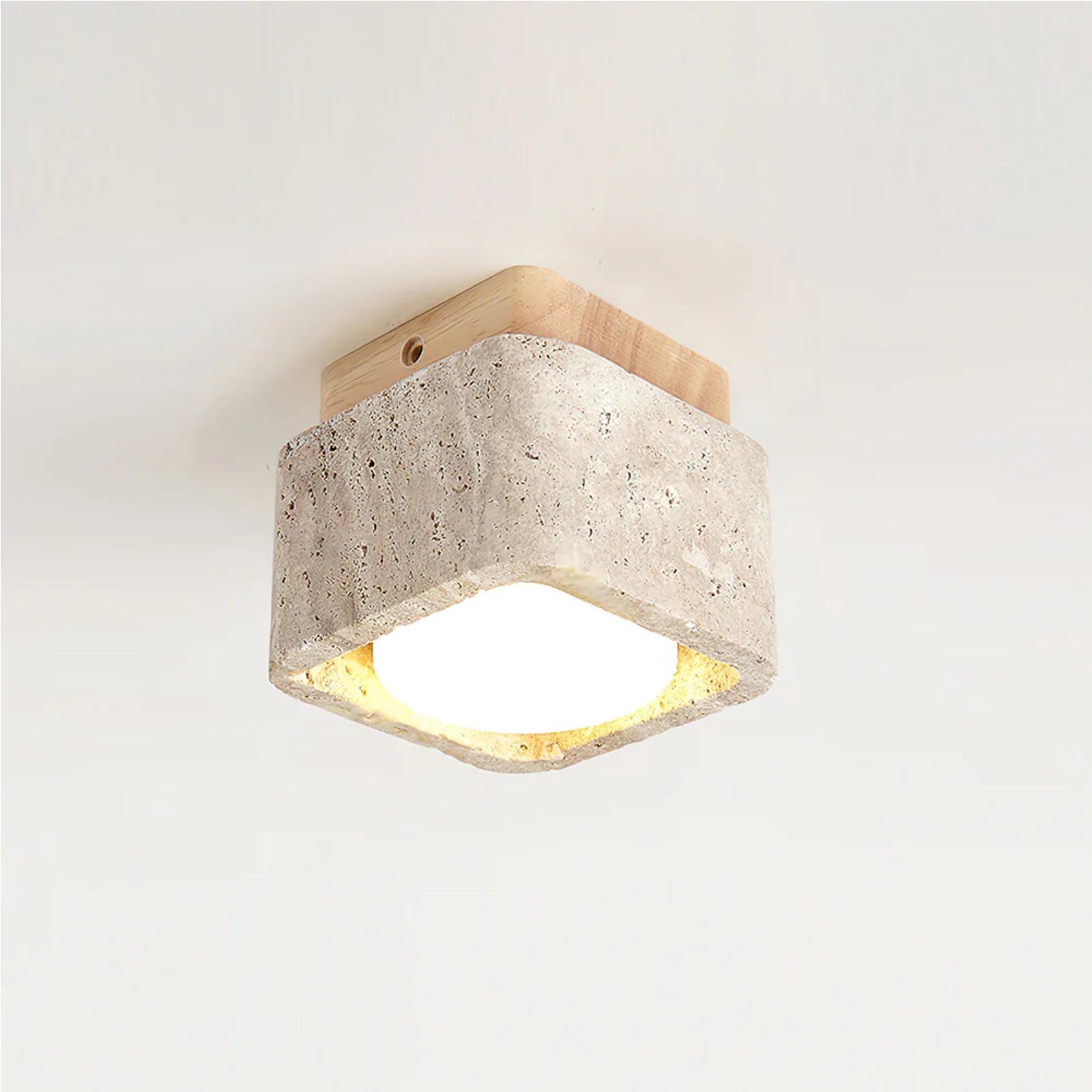 Natural Cube Design Travertine Ceiling Light With Wood Base S297