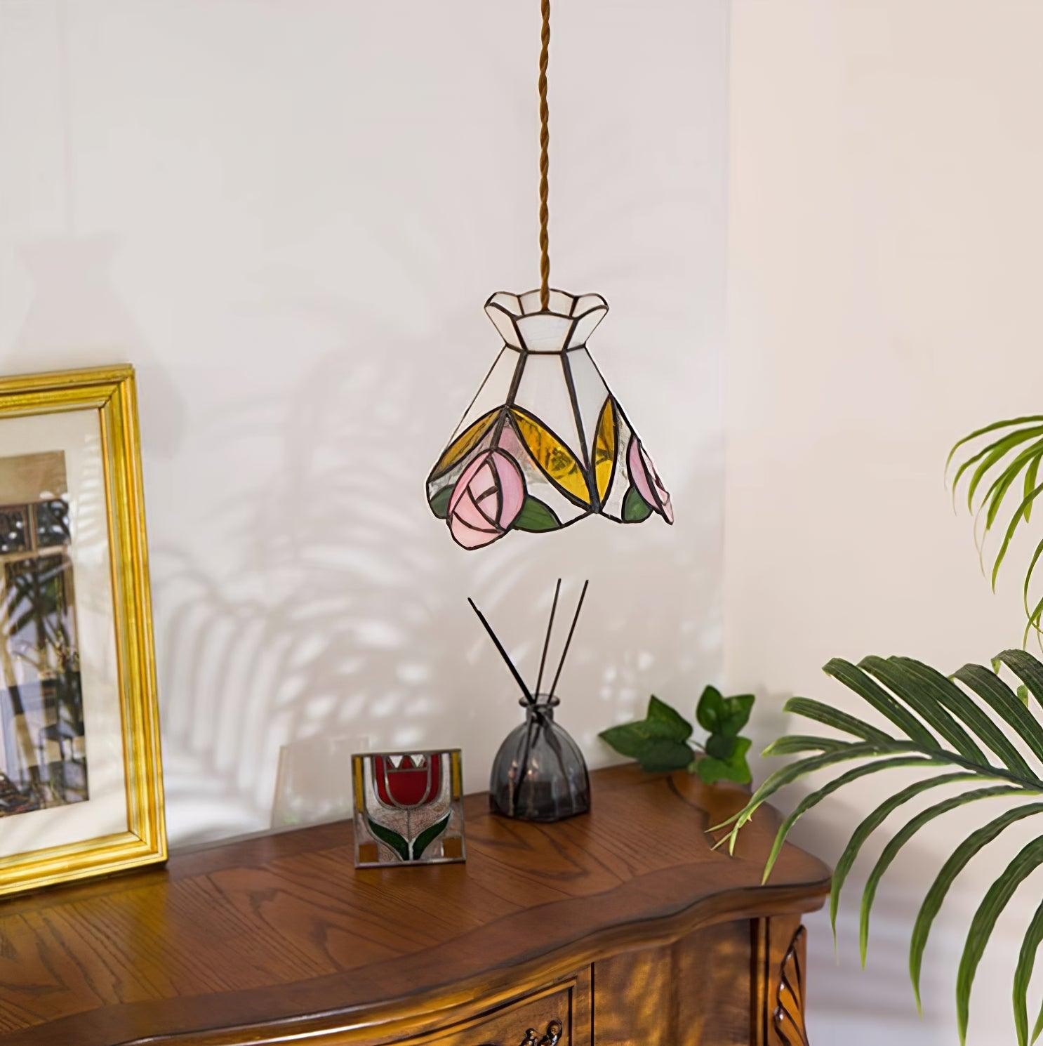 French Retro Rose Stained Glass Pendant Lamp M89