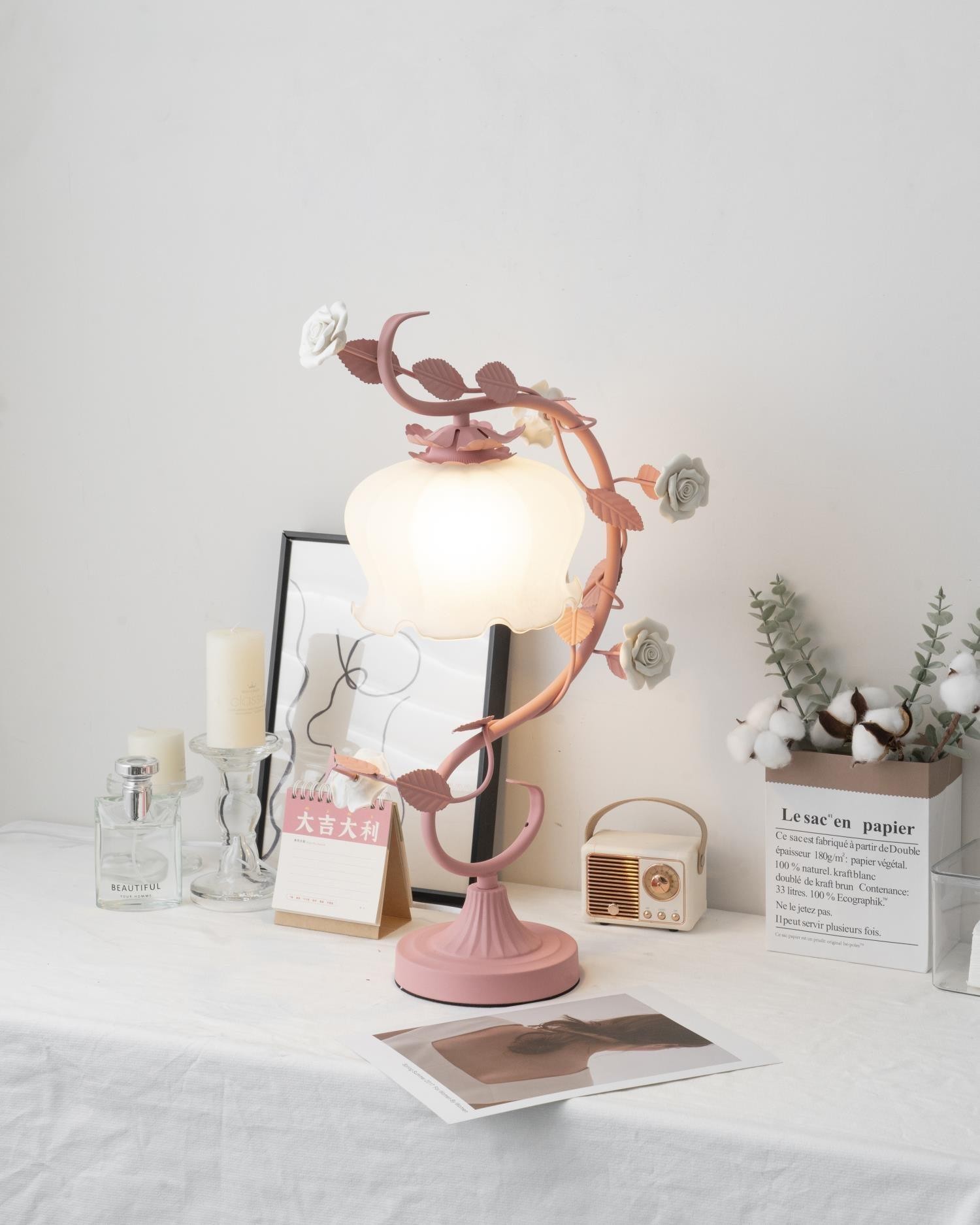 Green Pink White Rose Flower Table Lamp M107