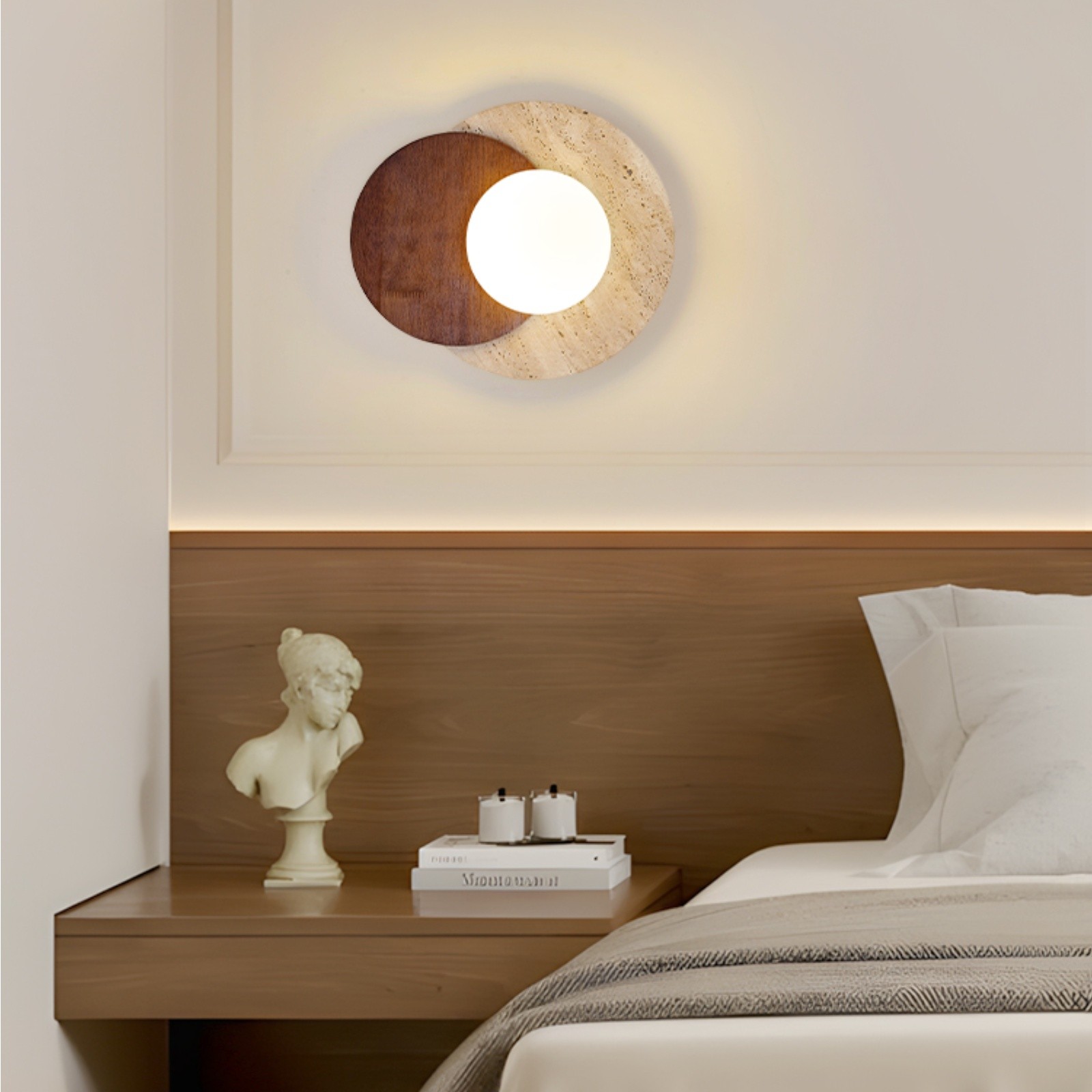 Contemporary Disc Travertine And Wood Dual Tone Wall Sconce S322