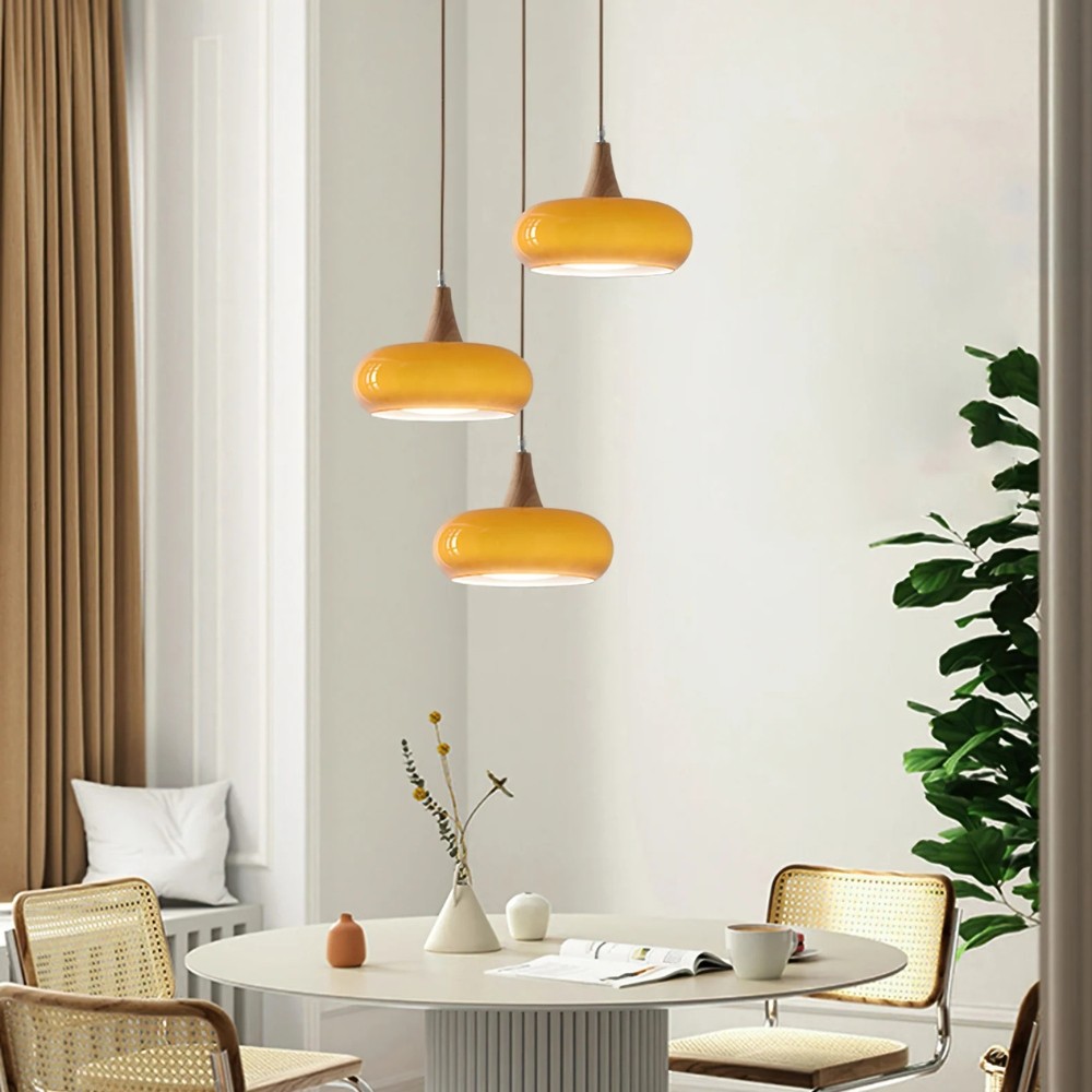 Graceful Glass Pendant Lamp with Sculptural Wooden Detail S248