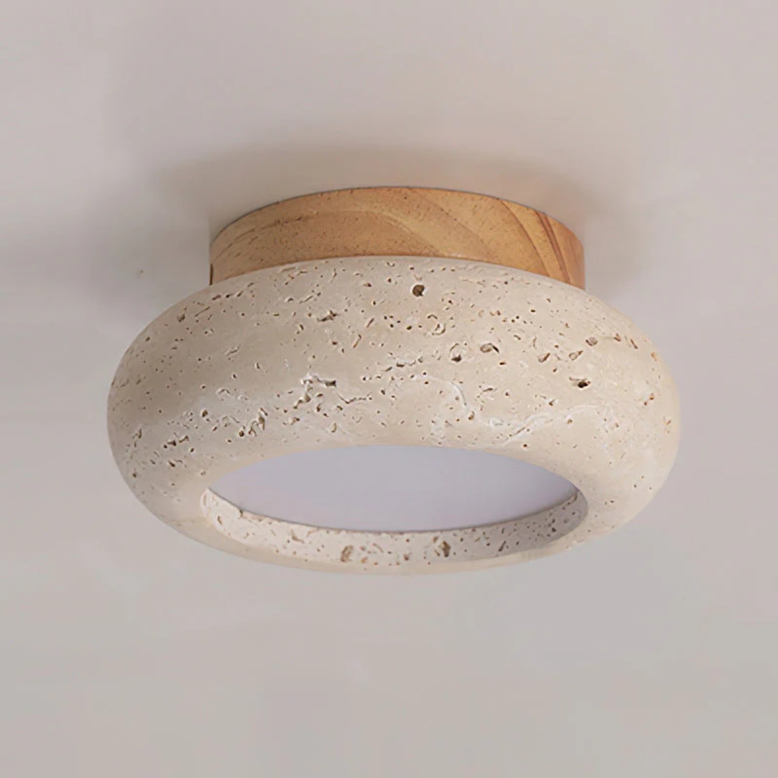 Minimal Bowl Ceiling Fixture in Stone Look - Wood Tone Base Light S299