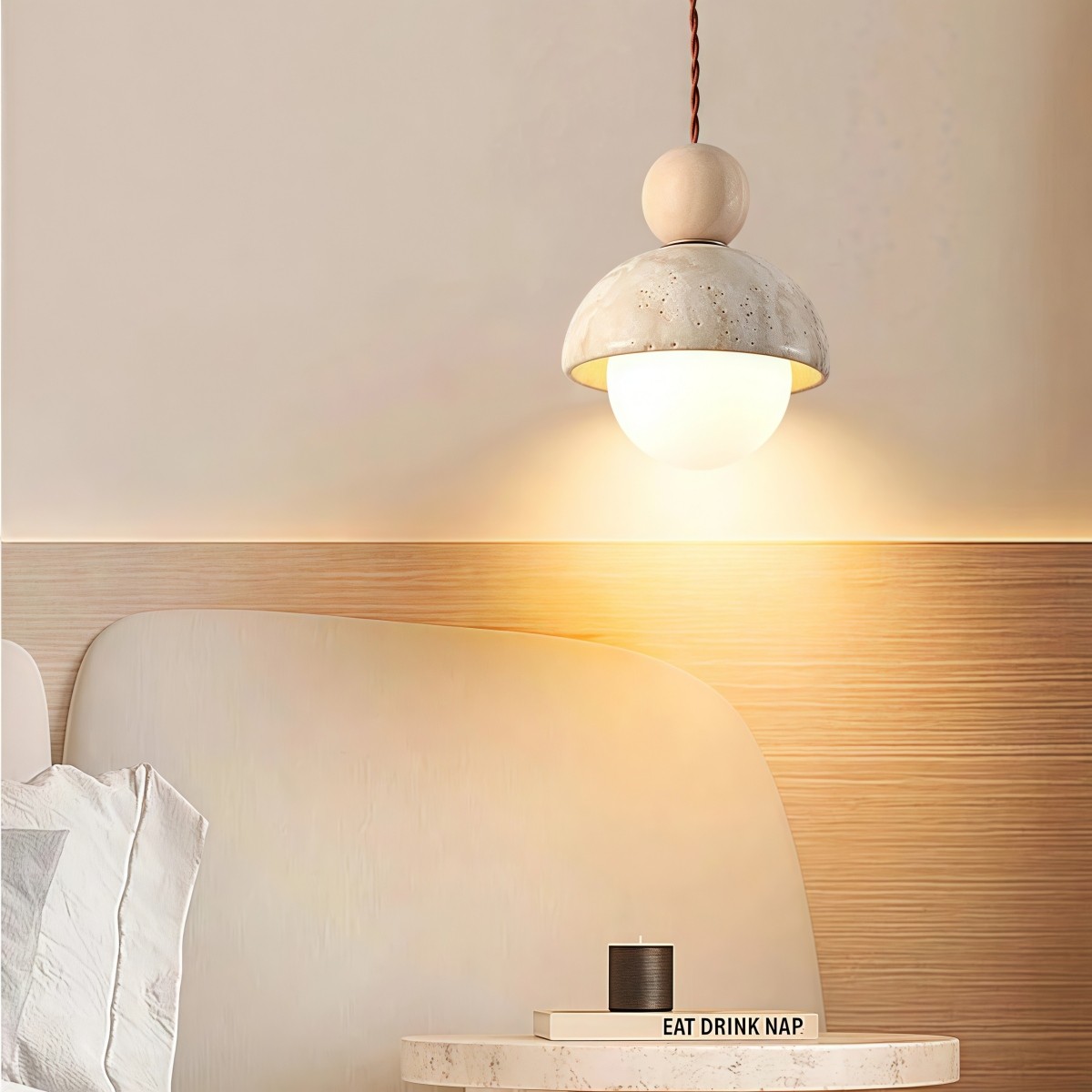 Beige Stone Umbrella Pendant Lamp With Wooden Sphere Accent S270