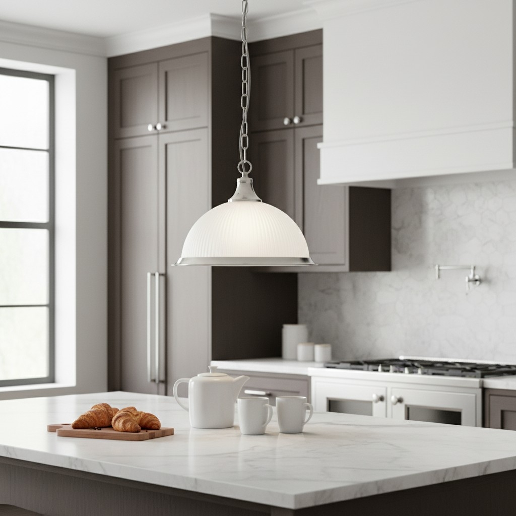 TF Vintora Ribbed Glass Pendant Light - Elegant Metal Trim for Kitchens, Dining Areas and Hallways T1022