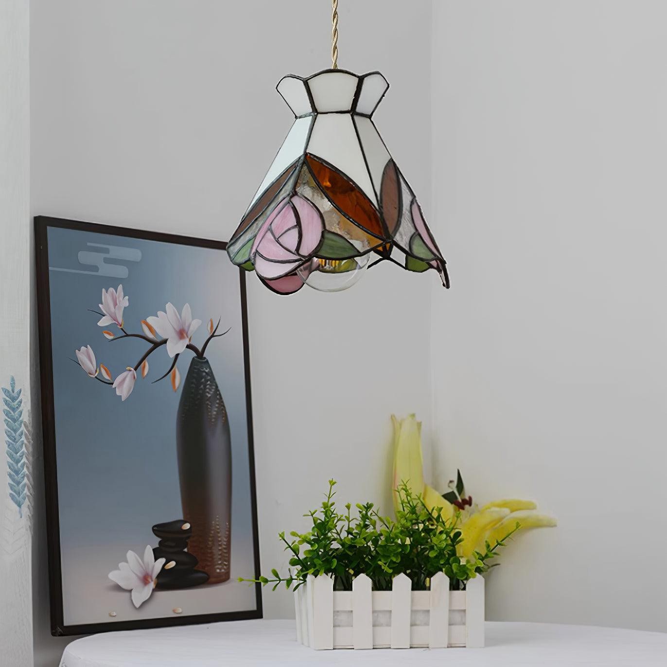 French Retro Rose Stained Glass Pendant Lamp M89