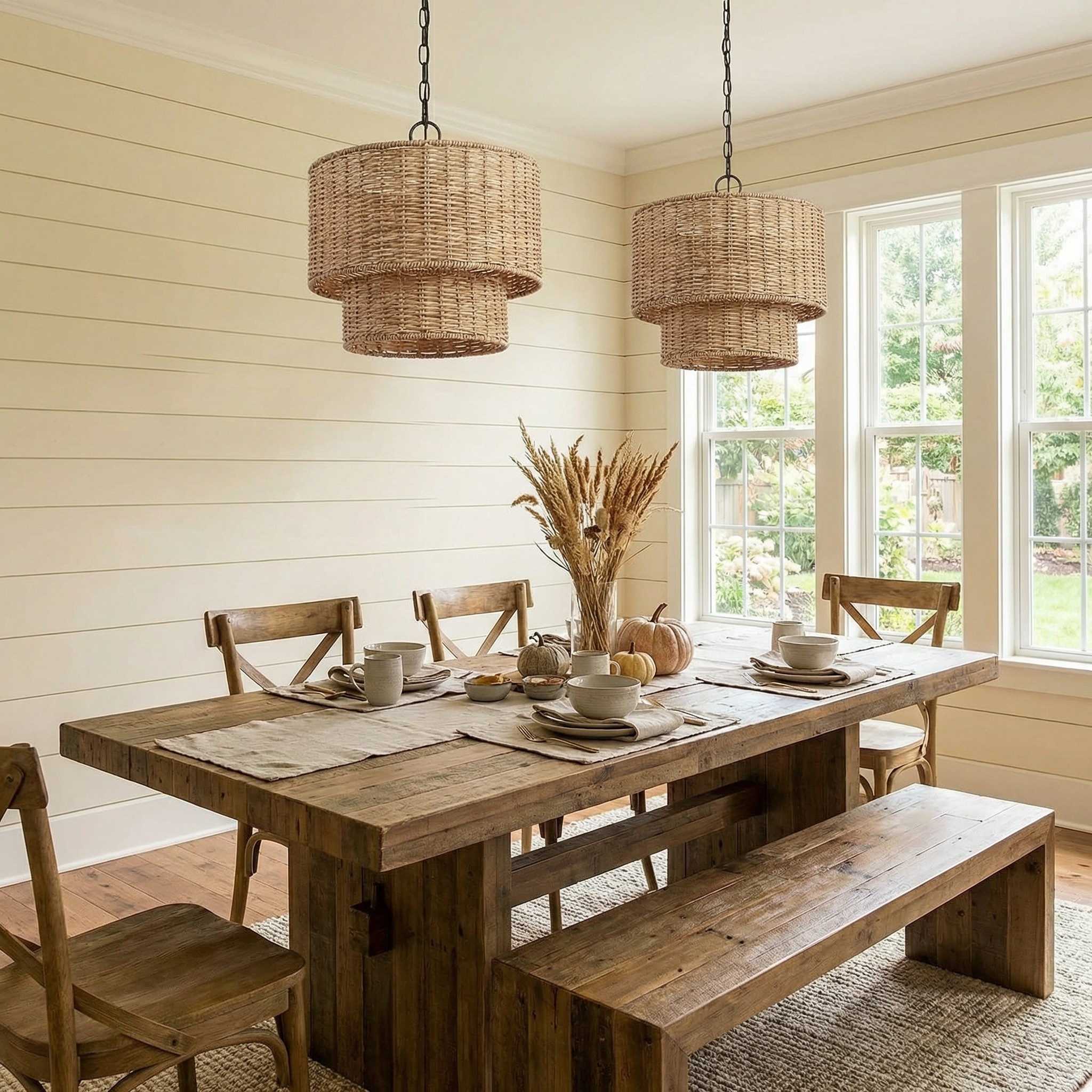 Rattanvo Dual Drum Rattan Pendant – Organic Texture for Dining Areas and Lobbies T1087