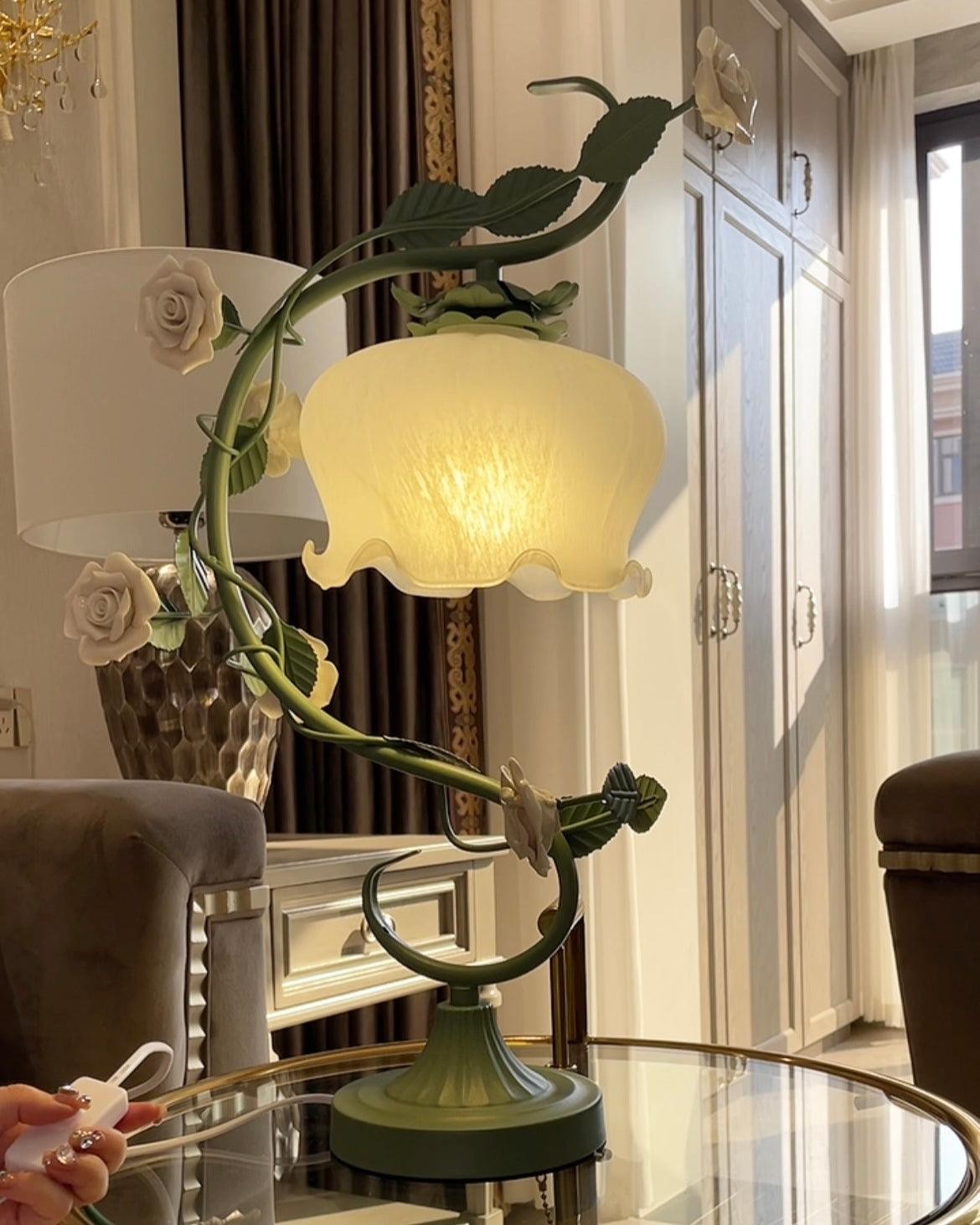 Green Pink White Rose Flower Table Lamp M107