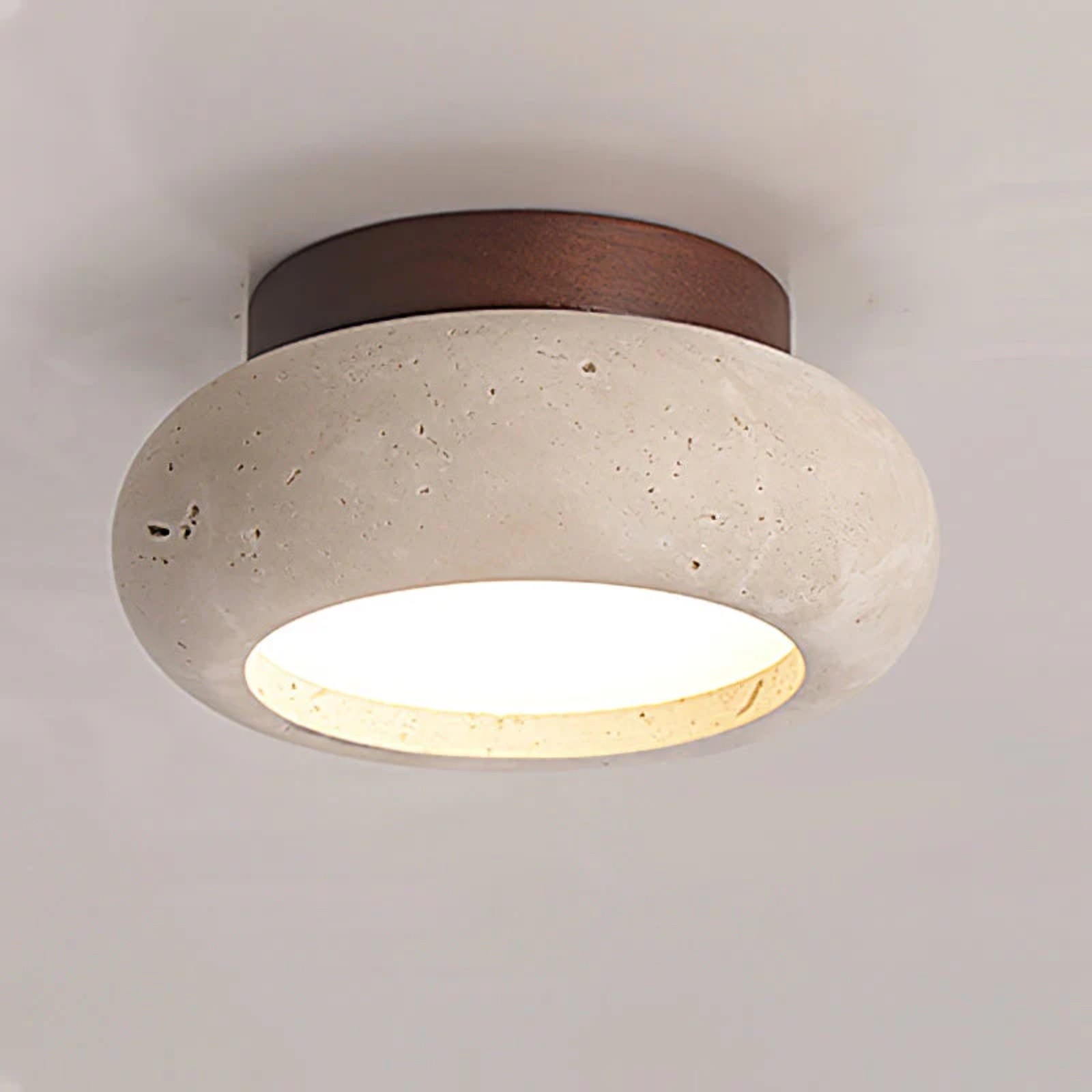 Minimal Bowl Ceiling Fixture in Stone Look - Wood Tone Base Light S299
