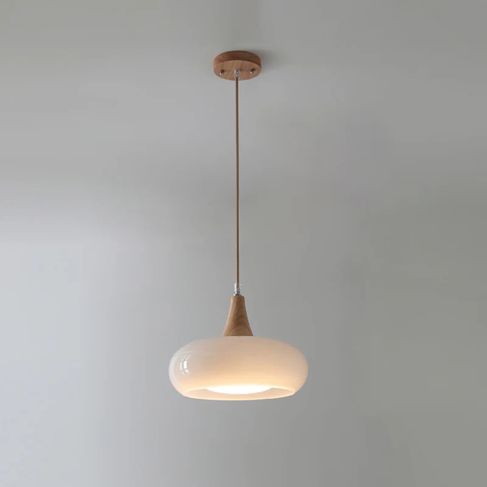 Graceful Glass Pendant Lamp with Sculptural Wooden Detail S248