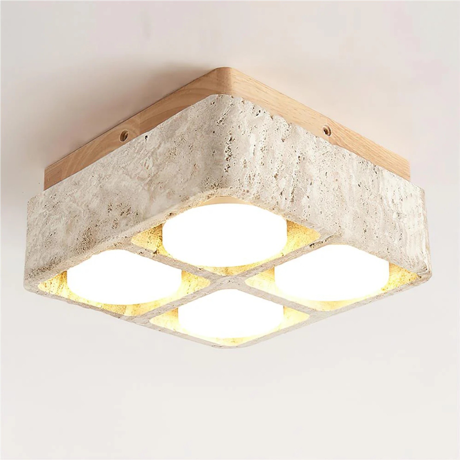 Natural Cube Design Travertine Ceiling Light With Wood Base S297
