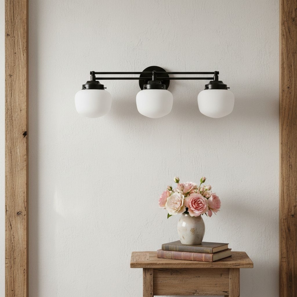 Opalume Glass Art Deco Vanity Light - Bathroom Wall Sconce with White Glass Shades T306
