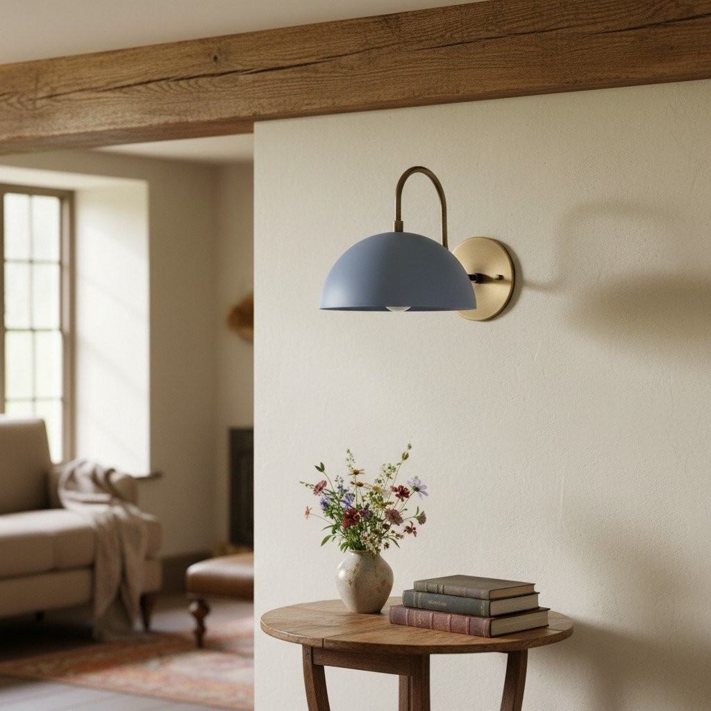 Curva Metal  Industrial Wall Sconce - Curved Brass Arm - Hammered Dome Light Fixture T408