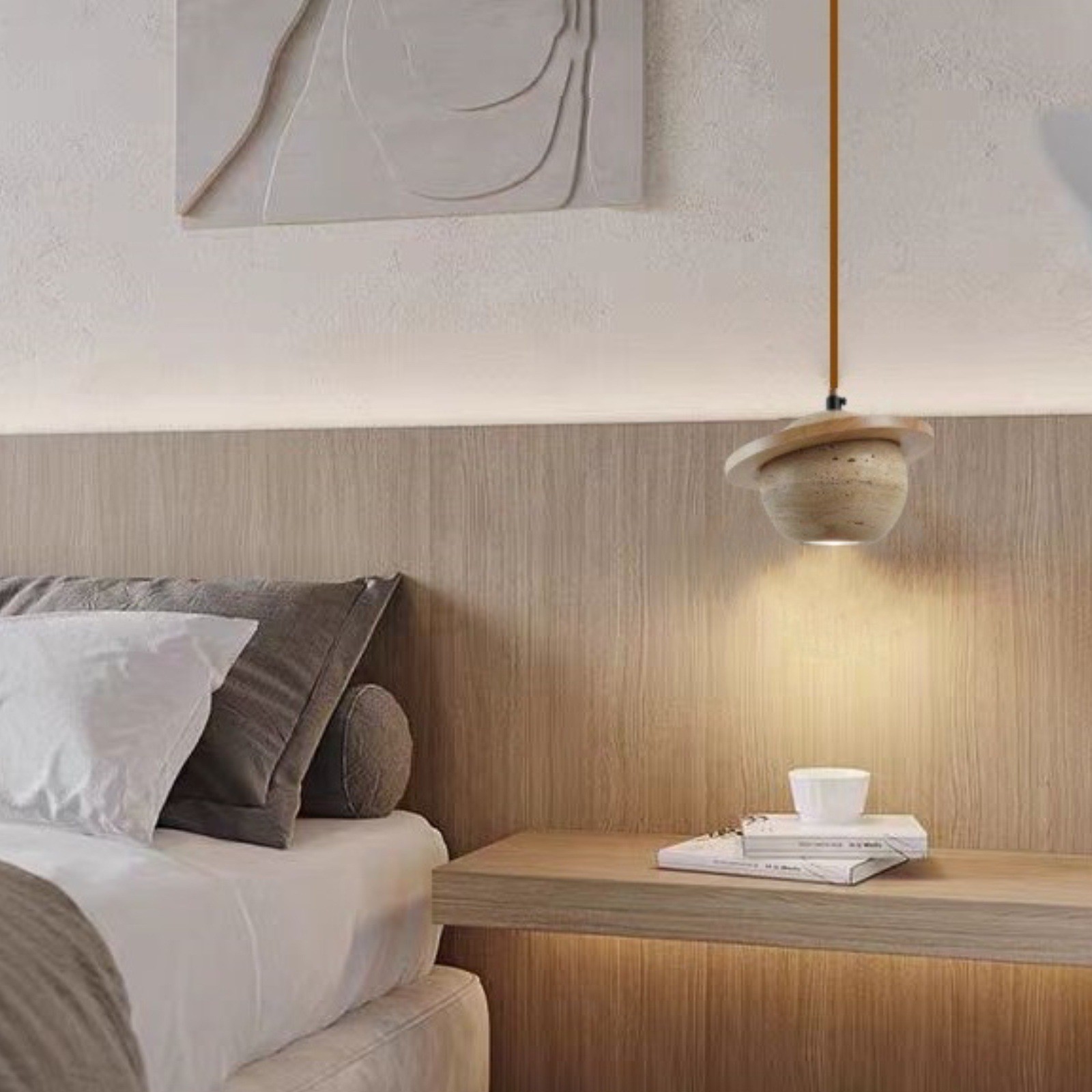Saturn Pendant Light In Travertine With Warm Ambient Glow S286