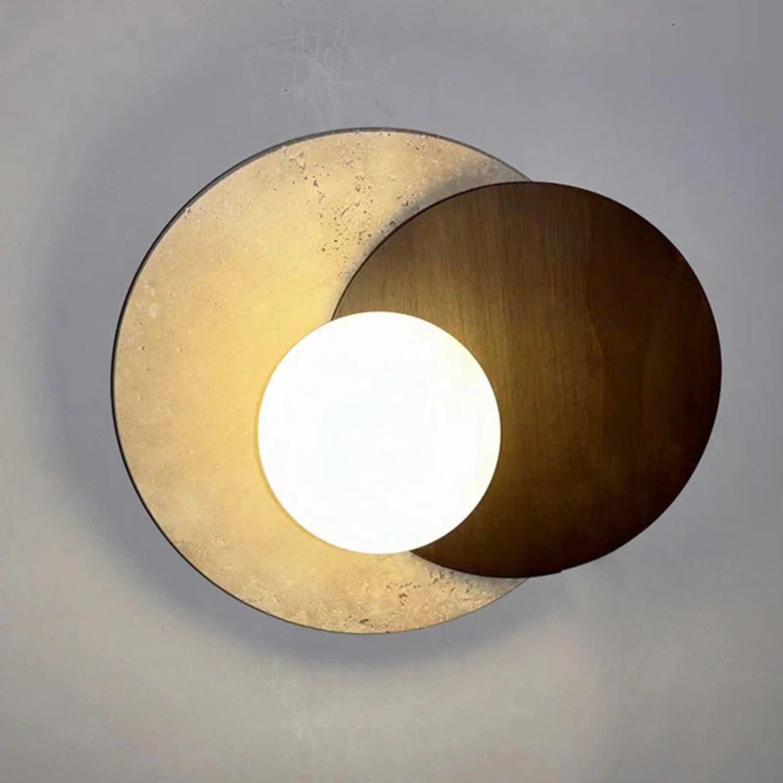 Contemporary Disc Travertine And Wood Dual Tone Wall Sconce S322