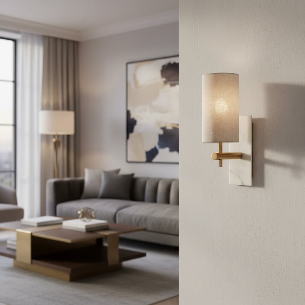 Linemora Timeless Marble Wall Lamp - Natural Linen Shade for Hallway T465