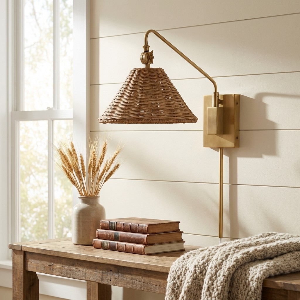 Welanery Swing Arm Rattan Wall Sconce - Farmhouse Style Lamp for Bedside Reading T1210