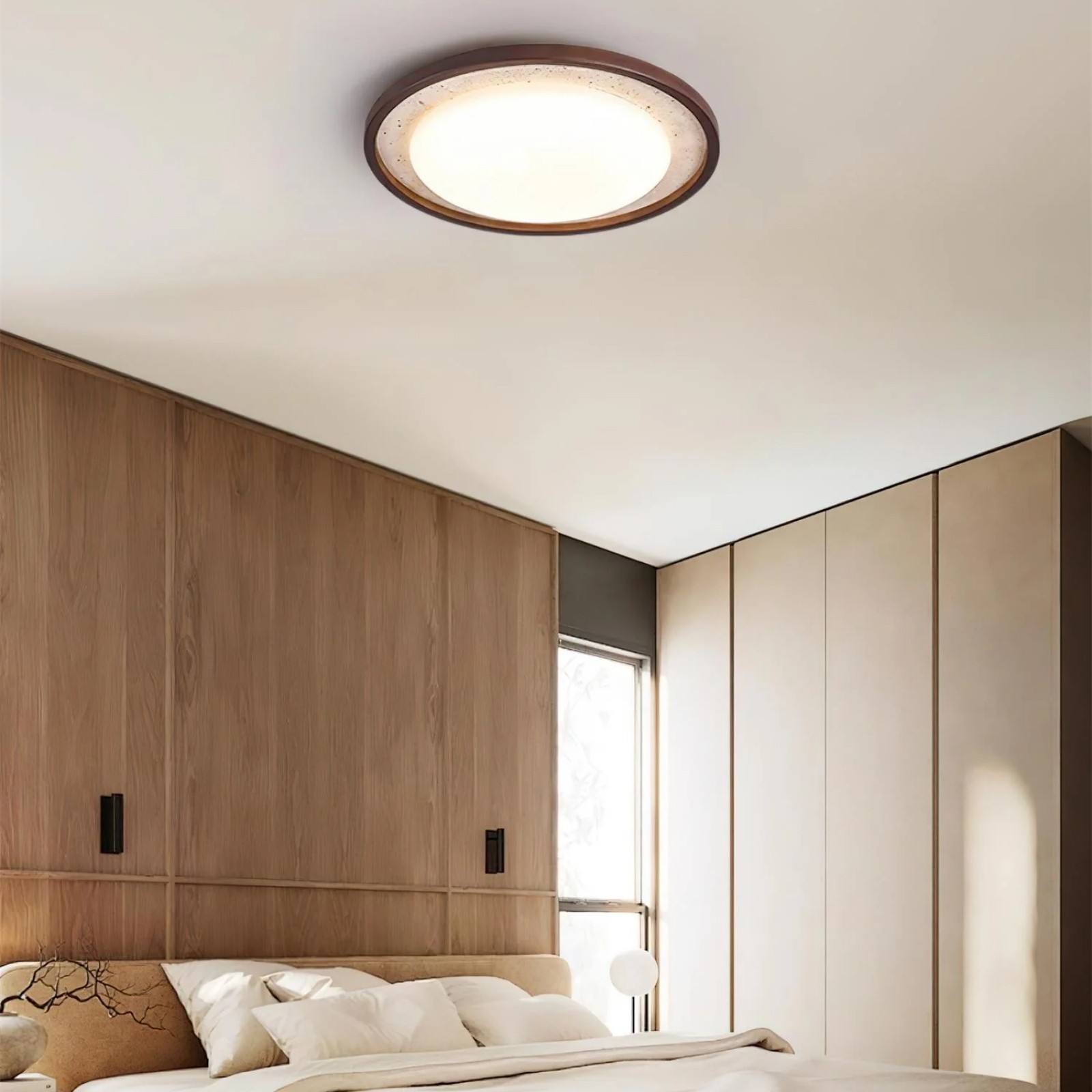 Modern Travertine Disk Flush Ceiling Light With Wood Trim S303