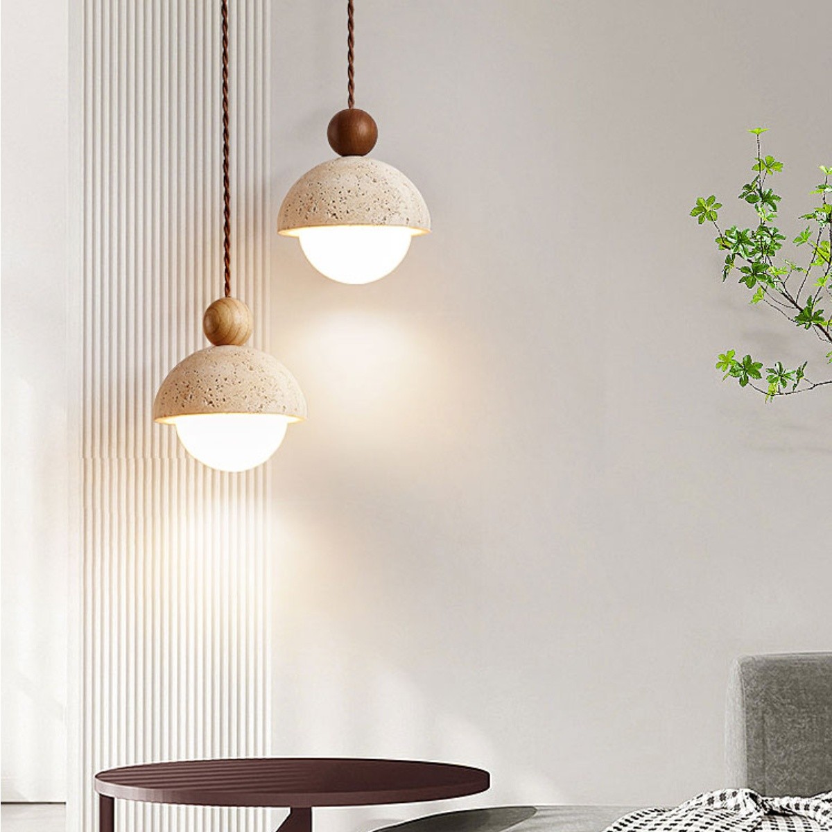 Beige Stone Umbrella Pendant Lamp With Wooden Sphere Accent S270