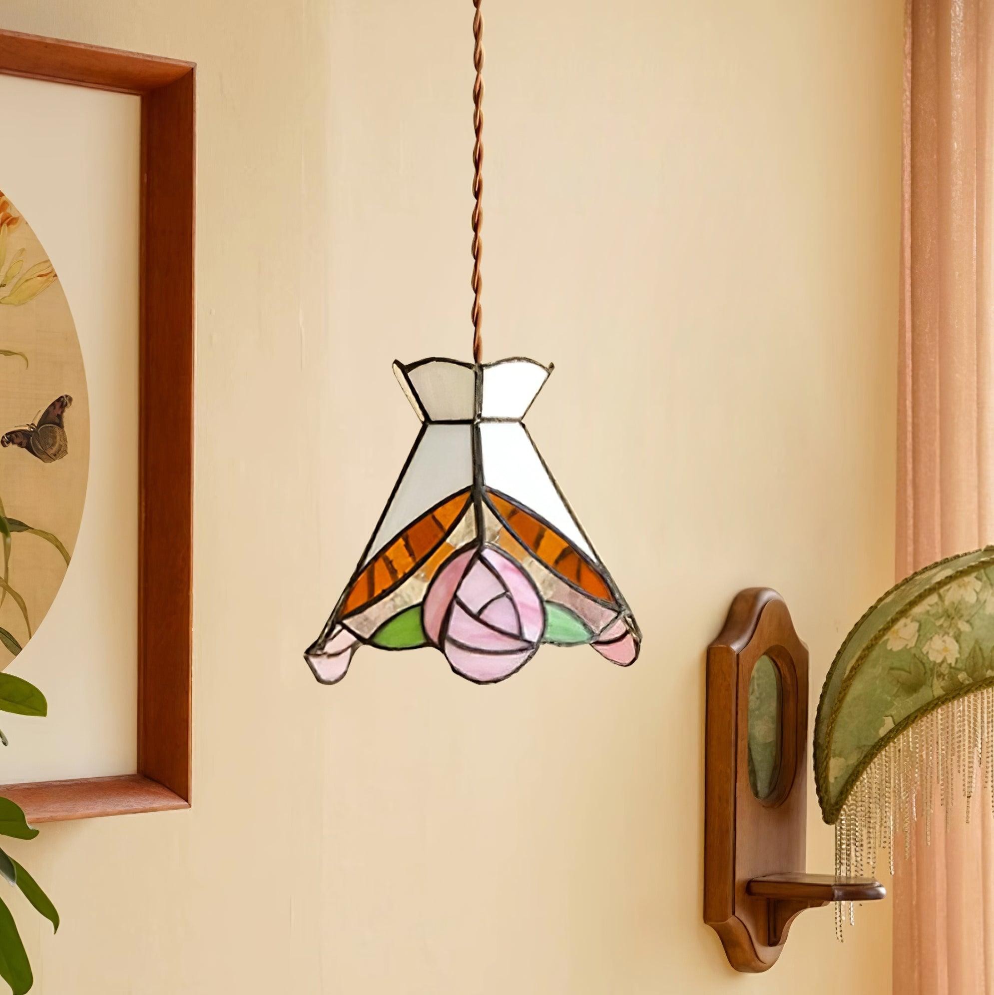 French Retro Rose Stained Glass Pendant Lamp M89