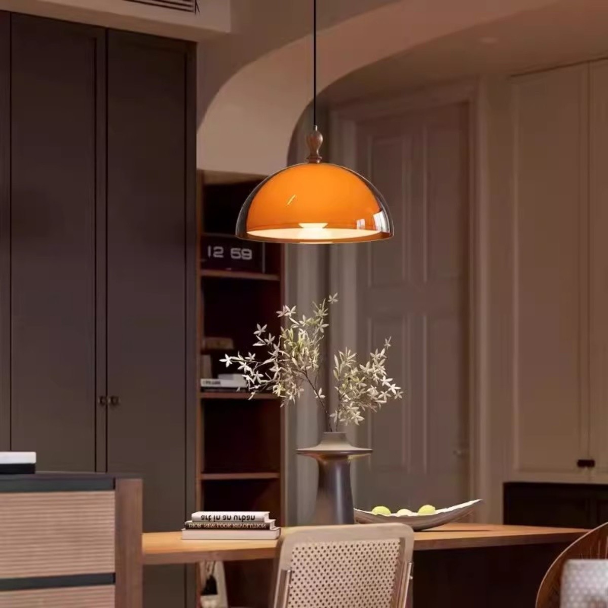 Vintage Sunset Pendant Lamp – Amber Acrylic & Walnut Finish S256