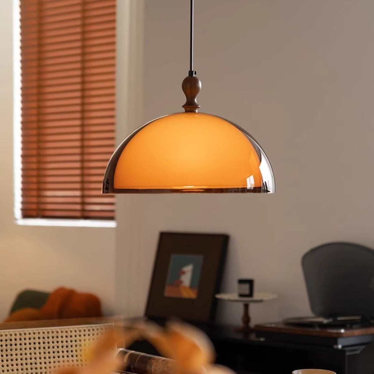 Vintage Sunset Pendant Lamp – Amber Acrylic & Walnut Finish S256