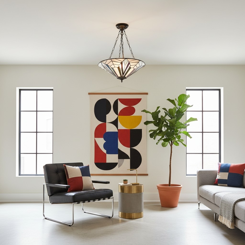TF Astoria Decorative Stained Glass Semi Flush Light - Art Deco Ceiling Fixture for Entryways & Lounges T1031
